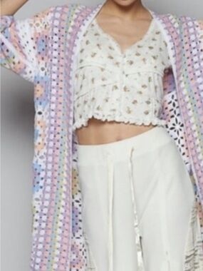 POL Pastel Crochet Duster Cardigan - Lavender, Pink & Blue